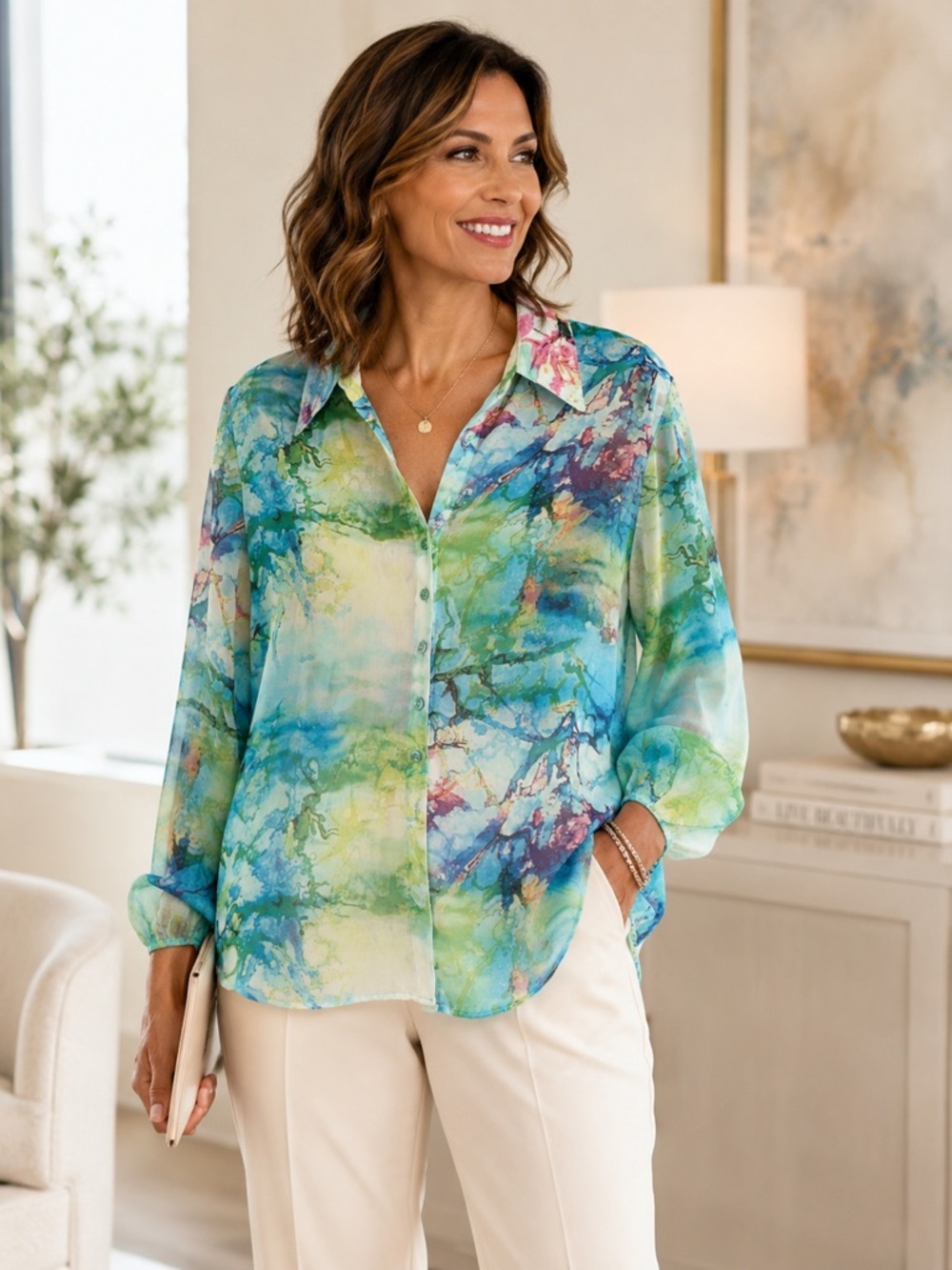 Klareli Sheer Watercolor Blouse Womens XL Button Front Art Print Career Top